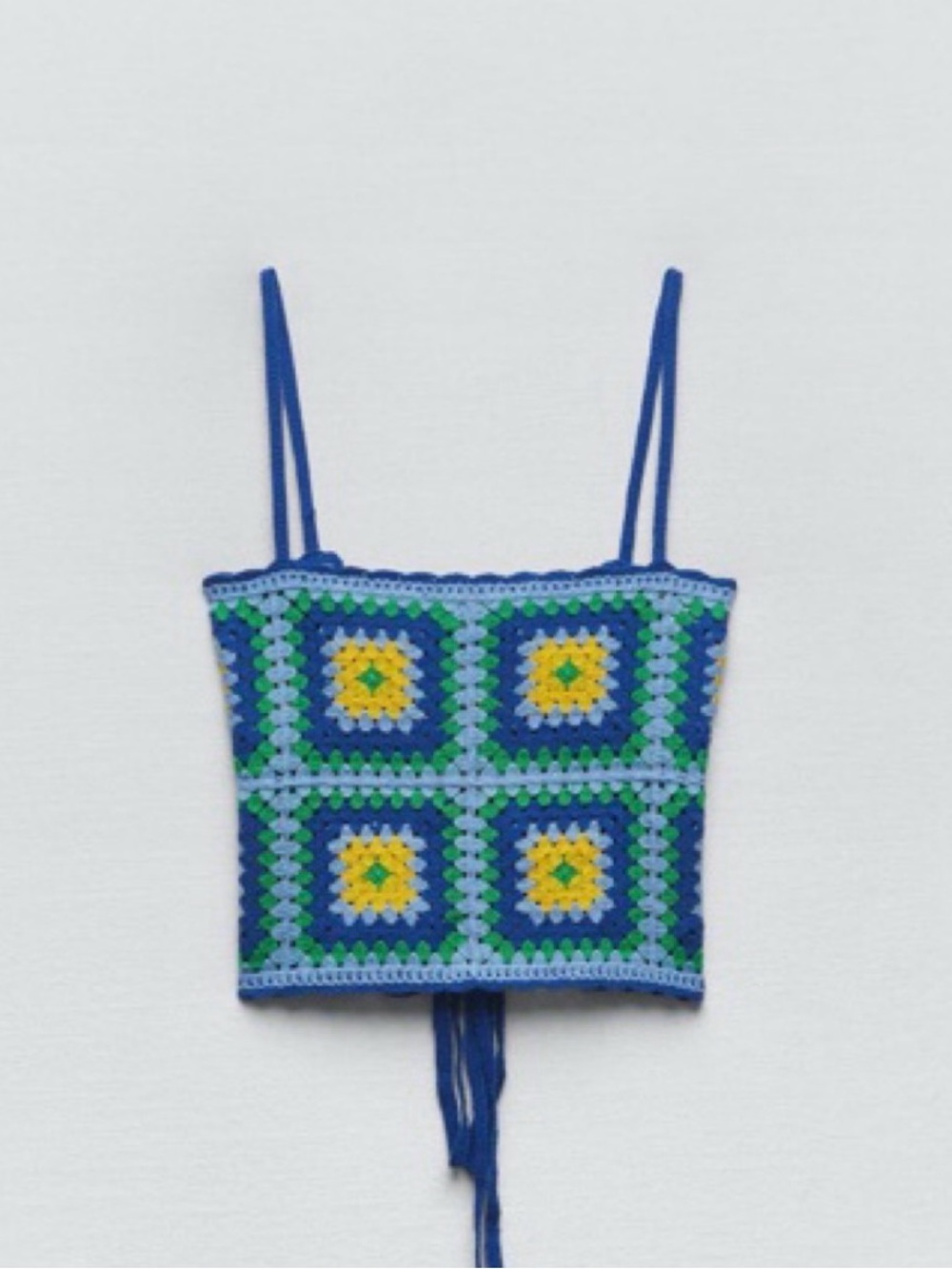 ZARA blue crochet knit crop top multicolored lace tie back M cottagecore boho - Picture 2 of 9